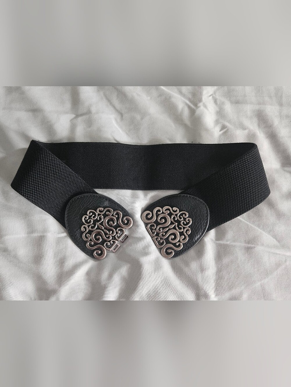 Black Elastic Decorative Waist Belt with Ornate Silver-Tone Accents